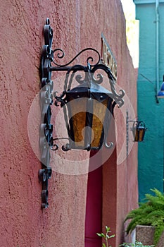 Colorful southwest wall with light fixtures