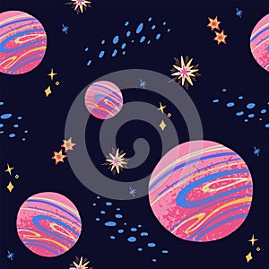 Colorful space pattern with pink planets and cute stars photo