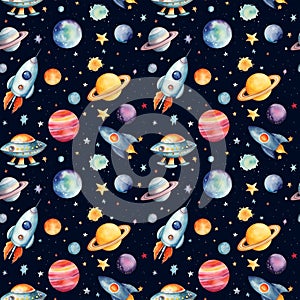 Colorful Space Pattern with Planets and Rockets. Watercolor illustration