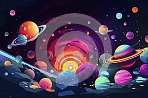 a colorful space scene with planets, astroids, stars, nebulas and comets. Concept and background related to space, space