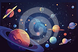 a colorful space scene with planets, astroids, stars, nebulas and comets. Concept and background related to space, space