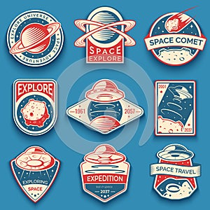 Colorful space, UFO and planet labels, logos, badges, emblems. Explore mission in space