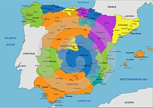 Colorful Spain political map with clearly labeled, separated layers.