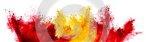 Colorful spanish flag black red yellow color holi paint powder explosion isolated white background. Spain europe celebration