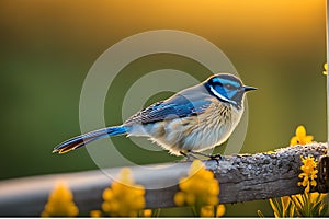 colorful sparrow: 3D rendered illustration of a vibrant sparrow perched on a wooden branch against a mesmerizing jungle backdrop