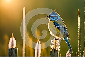 colorful sparrow: 3D rendered illustration of a vibrant sparrow perched on a wooden branch against a mesmerizing jungle backdrop