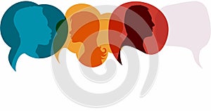 Colorful speech bubble animation. Communication or discussion between group of different people or colleagues. Multiethnic people