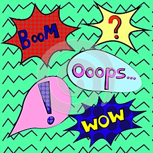 Colorful speech bubbles and explosions in pop art style. Elements of design comic. wow, boom, oops, , wham, from different comic f