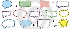 Colorful speech bubbles with question marks and arrows on a white backdrop