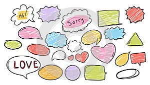 Colorful speech bubbles set. Hand drawn doodle vector illustration.