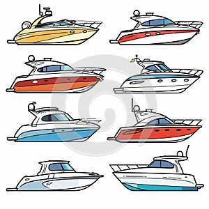 Colorful speed boats vector illustrations, different design variants, side view motorboats, marine