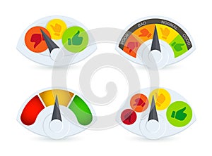 Colorful speedomeret, barometer, fuel gauge logo set. Business performance review indicator logotype collection. Thumbs