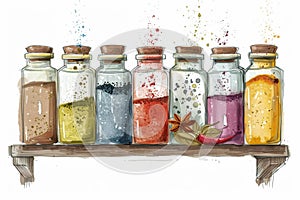 Colorful Spice Jars on Rustic Shelf