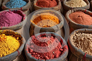 Colorful Spice Powders in Traditional Market, Culinary Concept