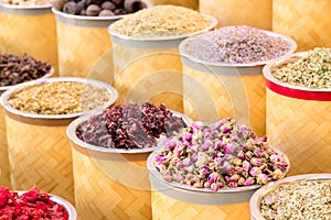 Colorful spices at the arab street market. Dubai Spice Souk in United Arab Emirates