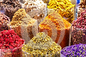 Colorful spices at the arab street market. Dubai Spice Souk in United Arab Emirates