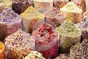 Colorful spices at the arab street market. Dubai Spice Souk in United Arab Emirates