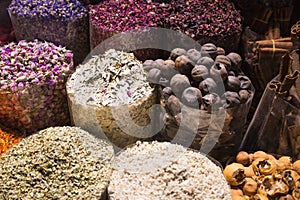 Colorful spices on arabian souk market