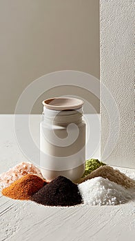 Colorful spices arranged around ceramic jar on white surface