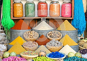 Colorful spices and dyes found at souk market in Marrakesh, Morocco