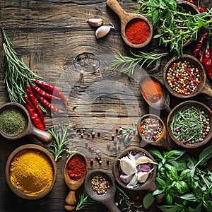 Colorful Spices and Fresh Herbs on Rustic Wooden Table