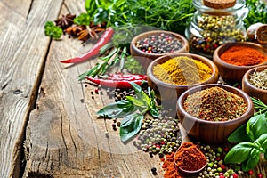 Colorful Spices and Fresh Herbs on Rustic Wooden Table