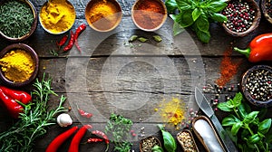 Colorful Spices and Fresh Herbs on Rustic Wooden Table