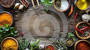 Colorful Spices and Fresh Herbs on Rustic Wooden Table