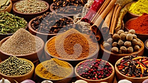 Colorful spices and herbs background. large set of seasonings in cups. Herbs that are beneficial to the body, herbs in Asian