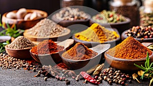 Colorful spices and herbs background. large set of seasonings in cups. Herbs that are beneficial to the body, herbs in Asian