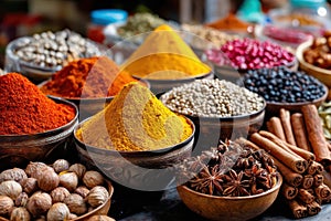 Colorful Spices and Herbs in Bowls Close Up