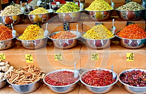 Colorful spices herbs, Mahane Yehuda market, Jerusalem photo