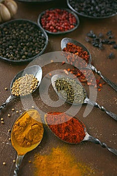 Colorful spices in teaspoons