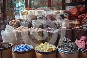 Colorful spices on the traditional arabian souk, Dubai, UAE