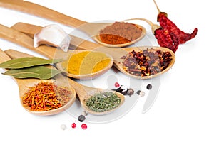 Colorful spices in wooden spoons