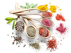 Colorful spices in the wooden spoons on the white photo