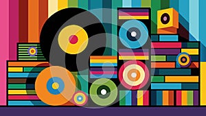 The colorful spines of vinyl records are stacked against a wall creating a vibrant and eyecatching display in the photo