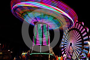 Colorful Spinning Swings, Ferris Wheel at Night