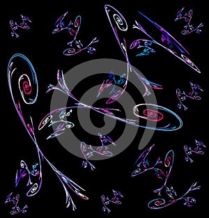 Colorful spiral elements are rhythmically arranged on a black background. Abstract fractal background. 3d photo