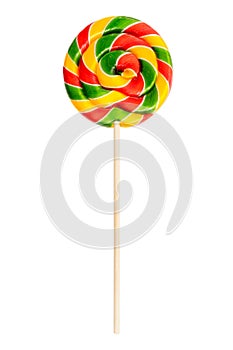 Colorful spiral lollipop isolated on white background. Red green yellow Candy