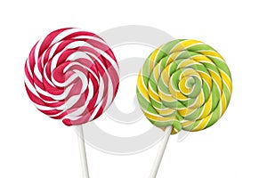 Colorful spiral lollipops on white background