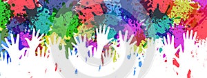 Colorful splash background with set of white hands, color rainbow of paints â€“ vector