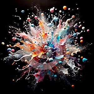 Colorful splashes of paint mingling in the air against a dark background