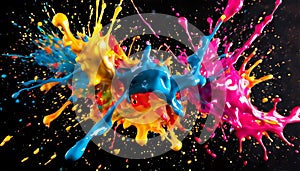 Colorful splashes of paint mingling in the air against a dark background