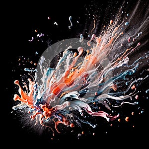 Colorful splashes of paint mingling in the air against a dark background