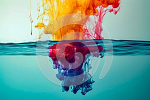 Colorful splashy mess of red blue and yellow paint is made to look like painting of colorful splash of water. Generative