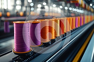 Colorful spools of thread aligned on a textile production line