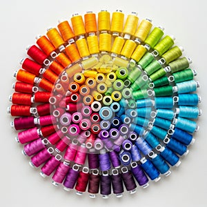 Spools of thread arranged in a circular pattern form a vibrant