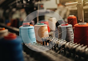 Colorful spools of thread arranged on a sewing machine for textile production