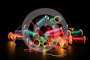 Colorful spools of thread on a black background, close up. Generative AI